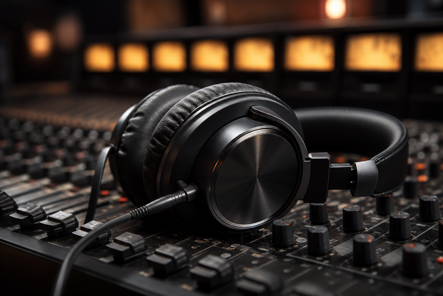 Studio headphones resting on a mixing console with warm amber VU meters glowing