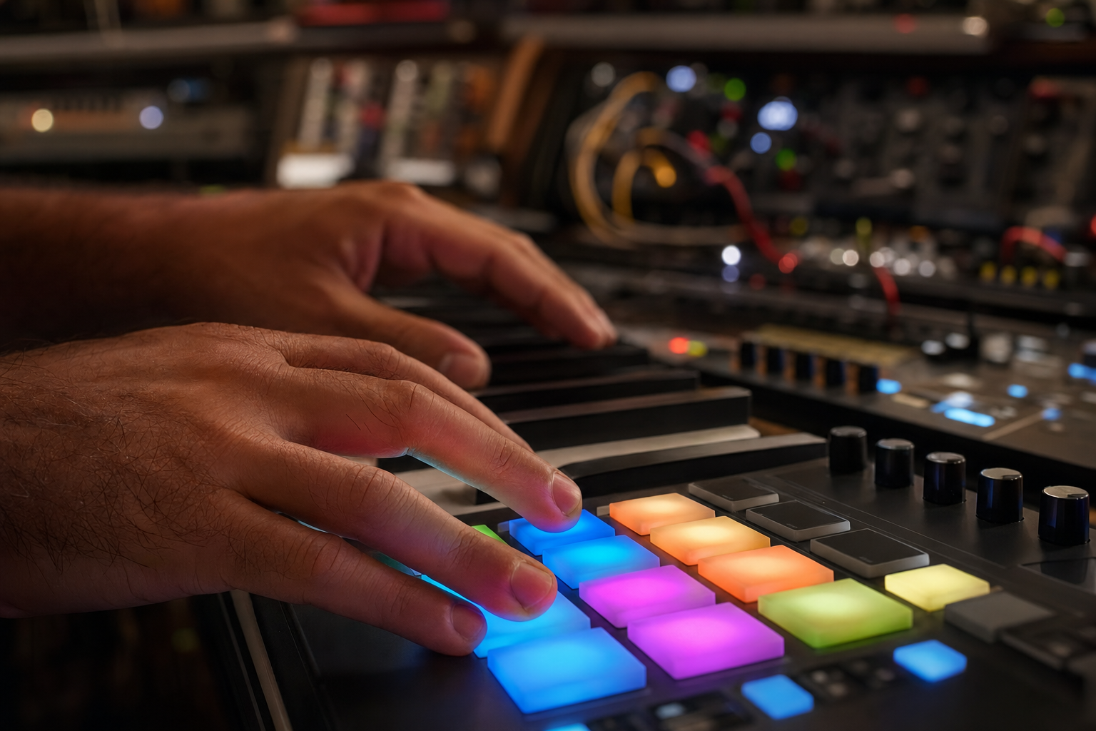 Close-up of a producer's MIDI keyboard and studio gear with colorful pad lights