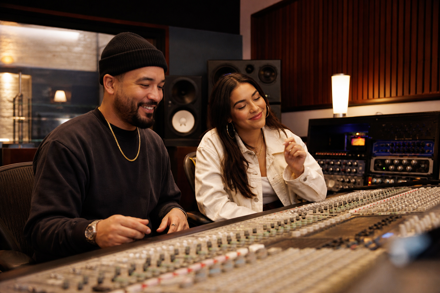 Producer and artist listening back to a mix together at the console