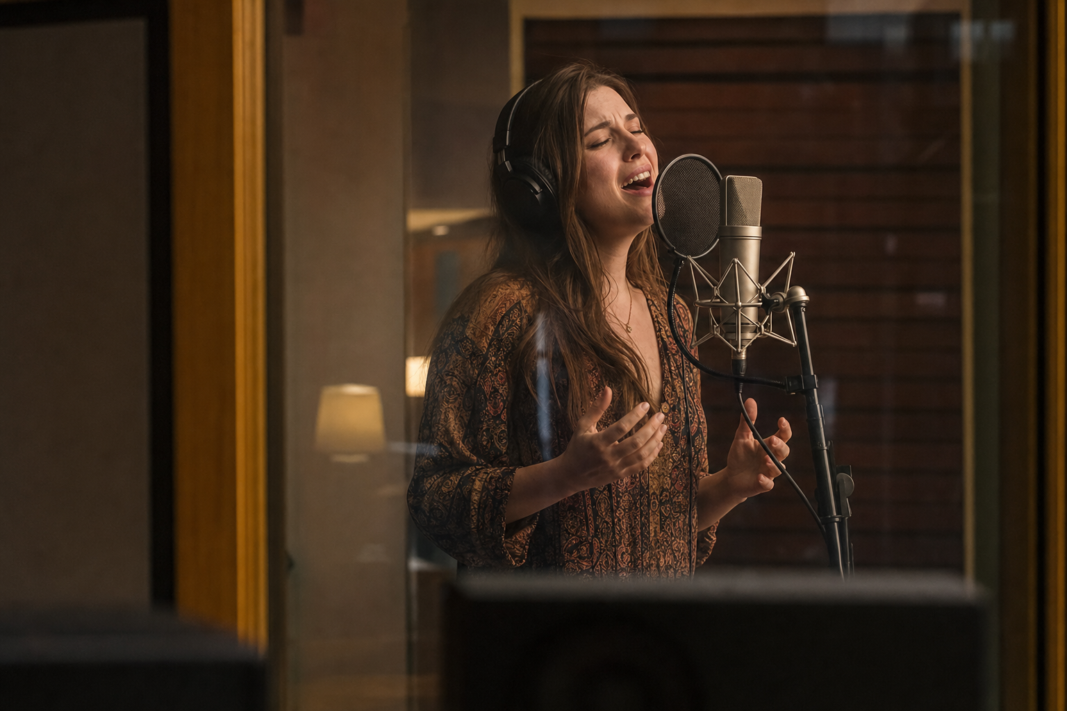Artist recording vocals in a booth visible through the control room glass